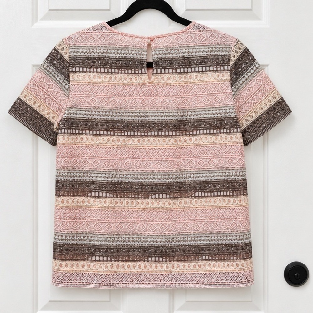 Tahari Arthur S Levine Womens Size 8 Pink Brown Lace Stripe Blouse Short Sleeve - Picture 3 of 9